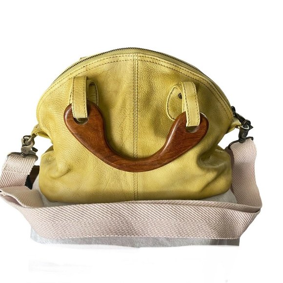 Free People Handbags - Free People Willow Mini Tote Lime Green Distressed Leather Wood Handbag Purse